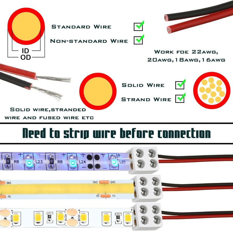 RY 8mm 25pcs conector de luz de fita LED sem solda 2 pin para baixo conector de bloco terminal conectores LED para luzes de tira